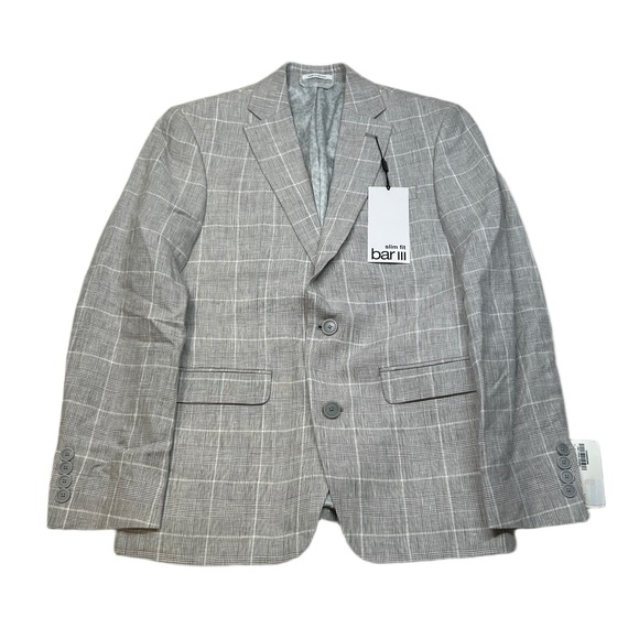 Bar III Linen Sport Coat Mens 36S‎ 36 Gray Plaid Slim Fit $360 NEW - Picture 1 of 11